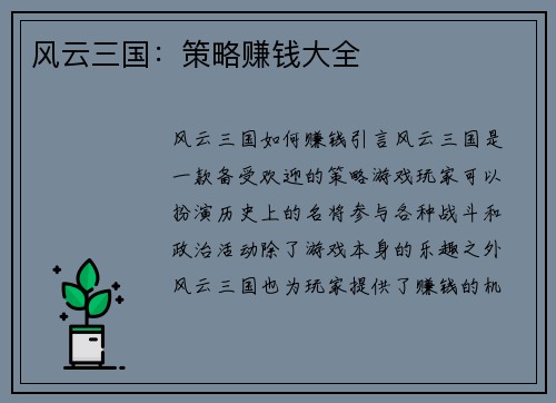风云三国：策略赚钱大全